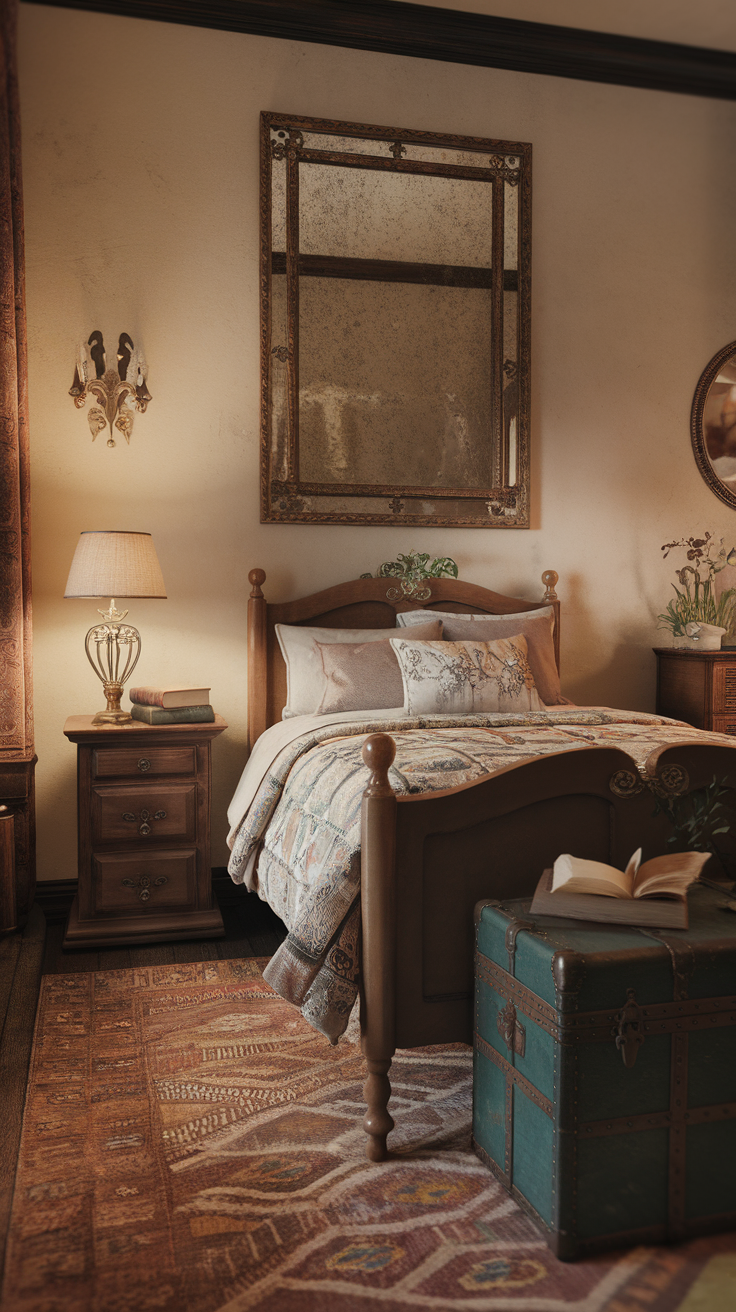 Cozy vintage-inspired bedroom featuring a wooden bed, layered bedding, a green trunk, and warm lighting.
