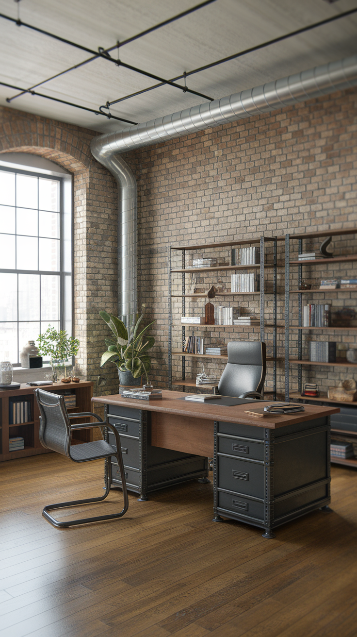 A modern industrial loft home office with brick walls, a wooden and metal desk, and open shelving.