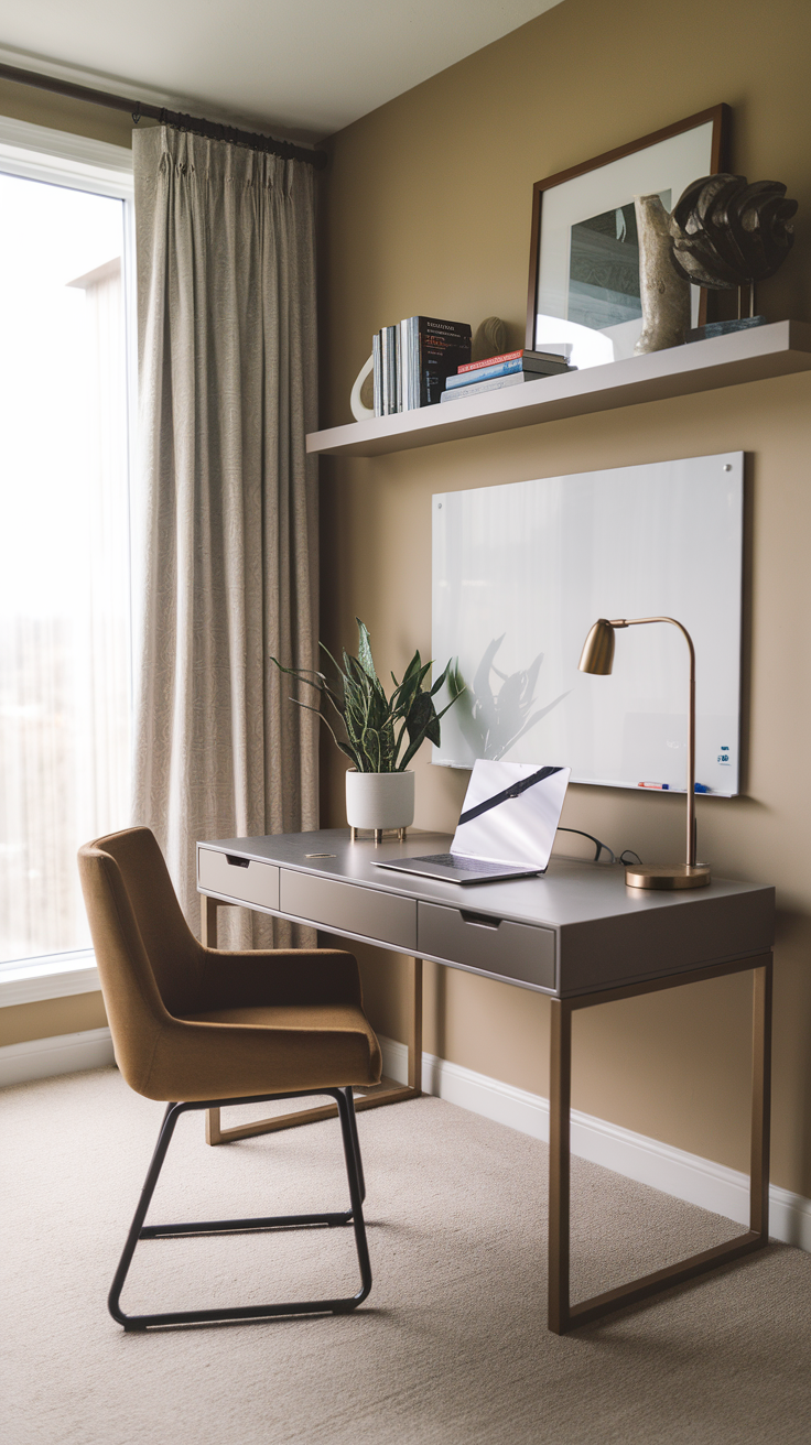 A stylish office setup in a master bedroom with a desk, chair, and plant by a window.