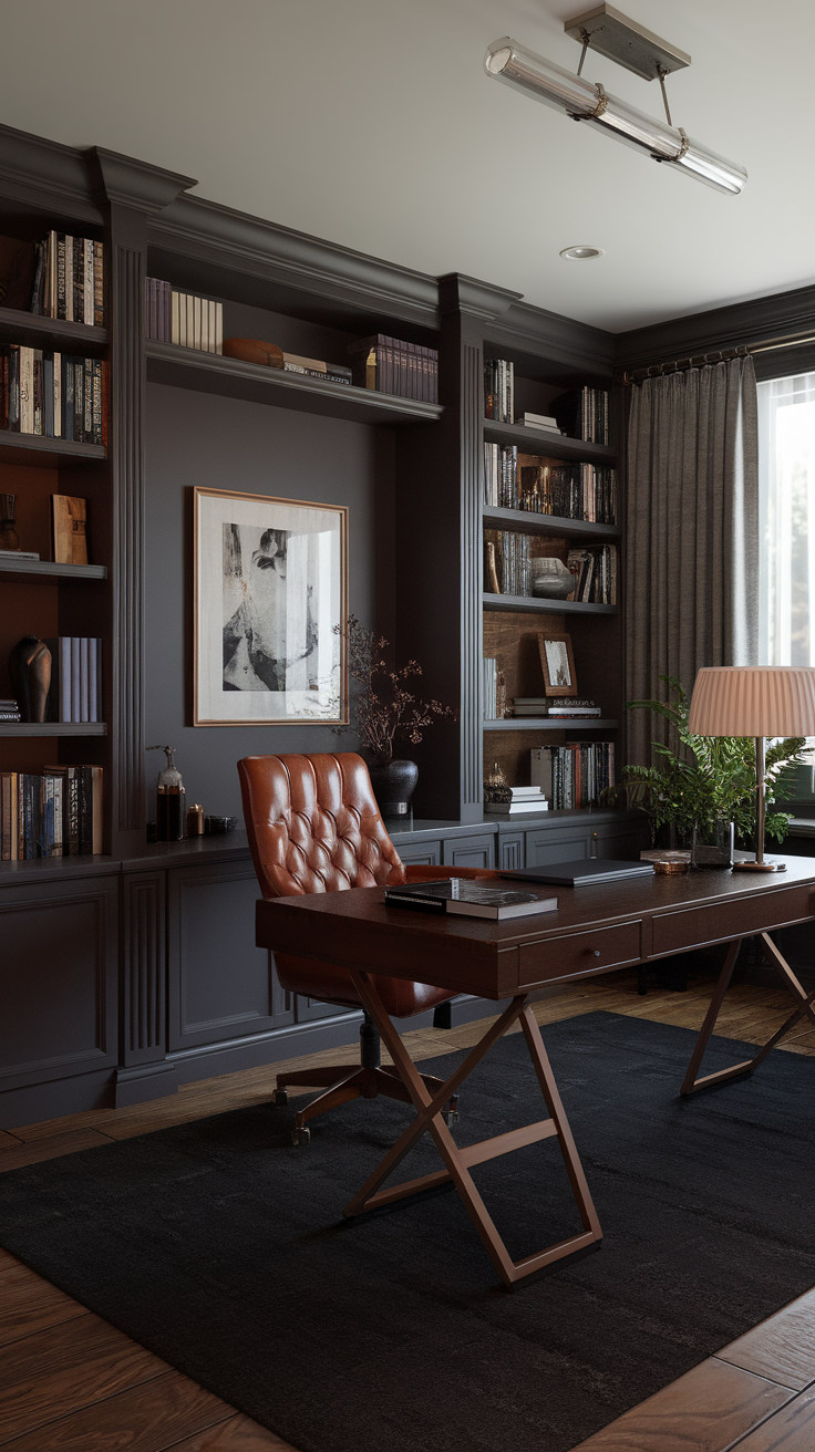 A stylish home office featuring leather and wood elements with a comfortable chair, wooden desk, and bookshelves.