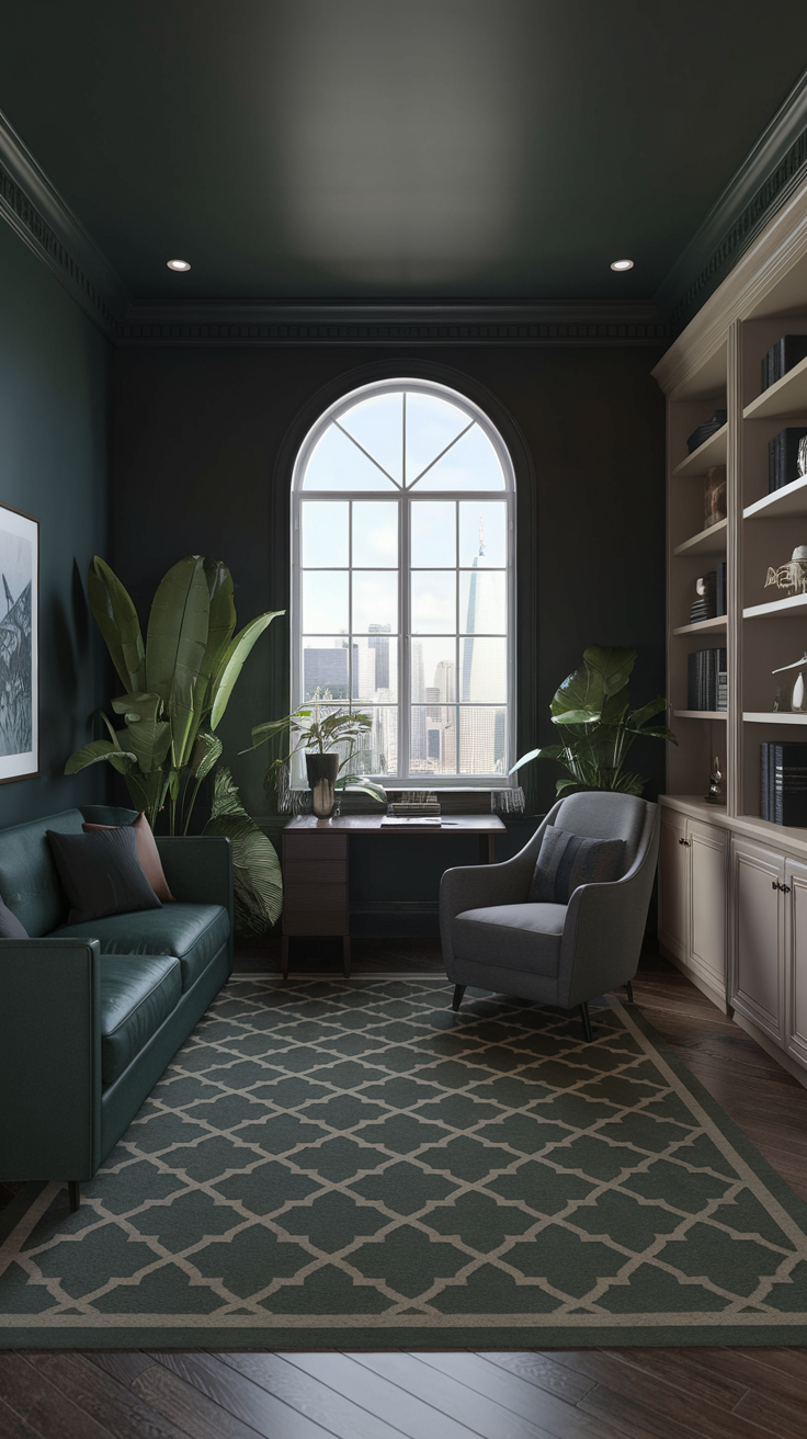 A masculine home office with dark green walls, a green sofa, an armchair, and plants, featuring a large window with a city view.