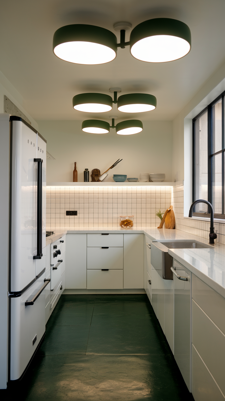 A modern kitchen featuring dark green light fixtures with geometric designs, green walls, and white tile backsplash.