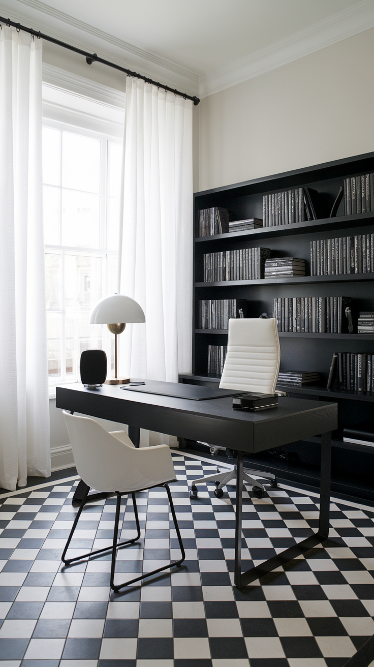 A stylish monochrome home office featuring a black desk, shelves with books, and a large potted plant.