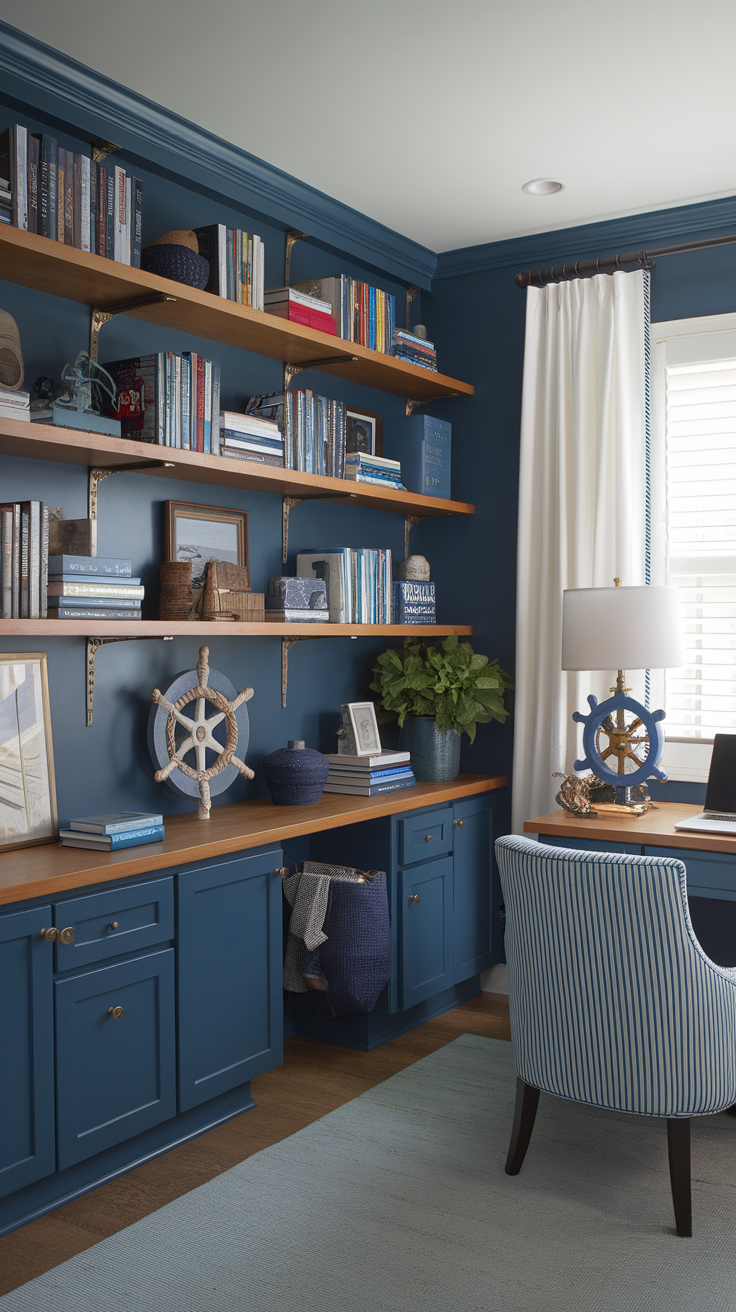 A nautical-themed home office featuring blue walls, wooden shelves, and nautical decor.