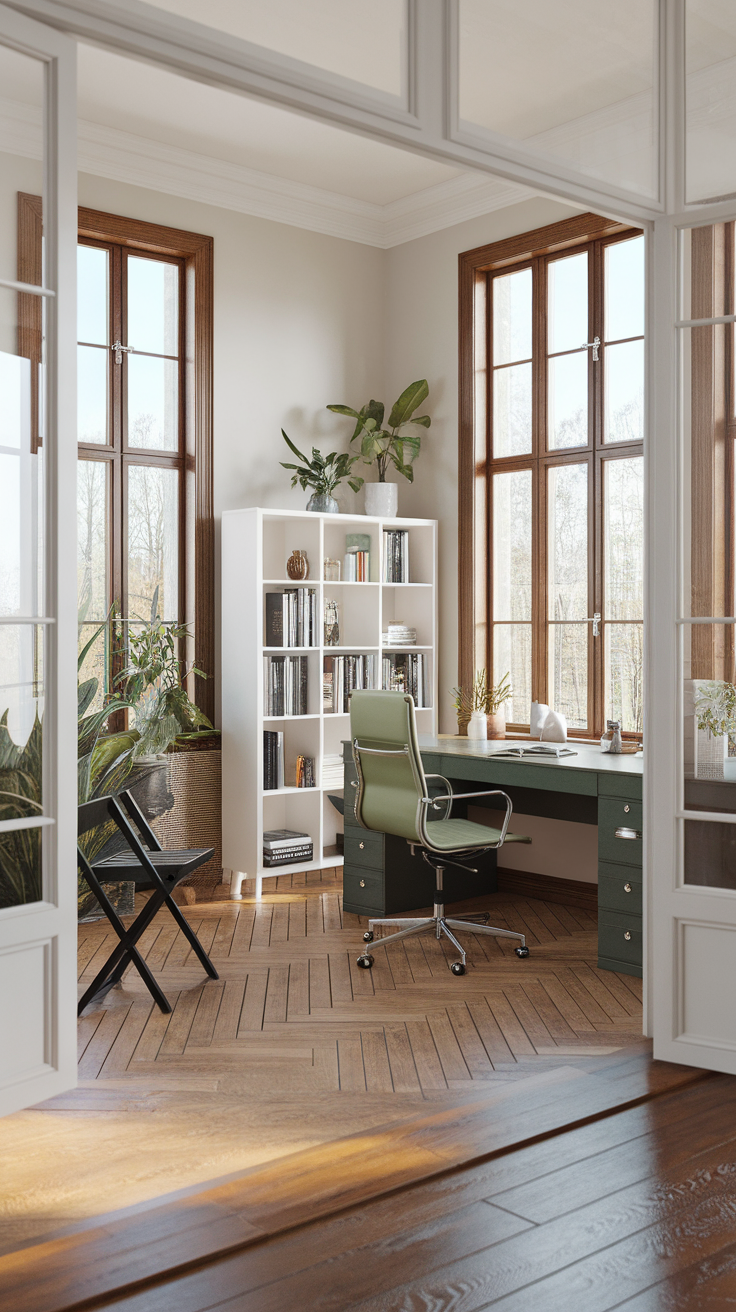 Open concept home office with large windows, a green chair, and a bookshelf filled with books and plants.