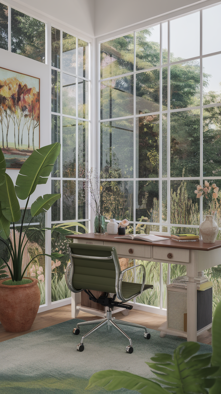 A bright home office featuring large windows, a wooden desk, an ergonomic chair, and decorative plants.