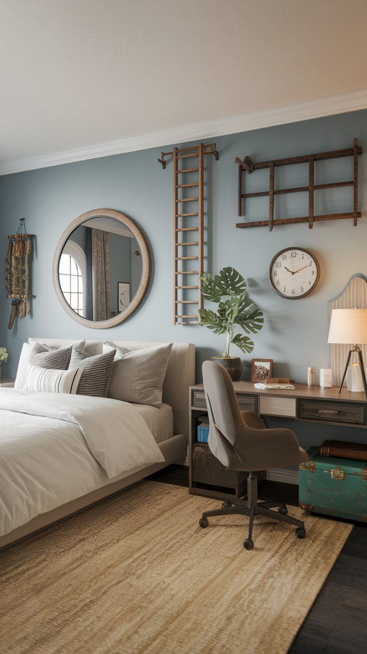 A cozy master bedroom office layout featuring a comfortable workspace beside a bed, with blue walls, rustic decor, and a welcoming atmosphere.