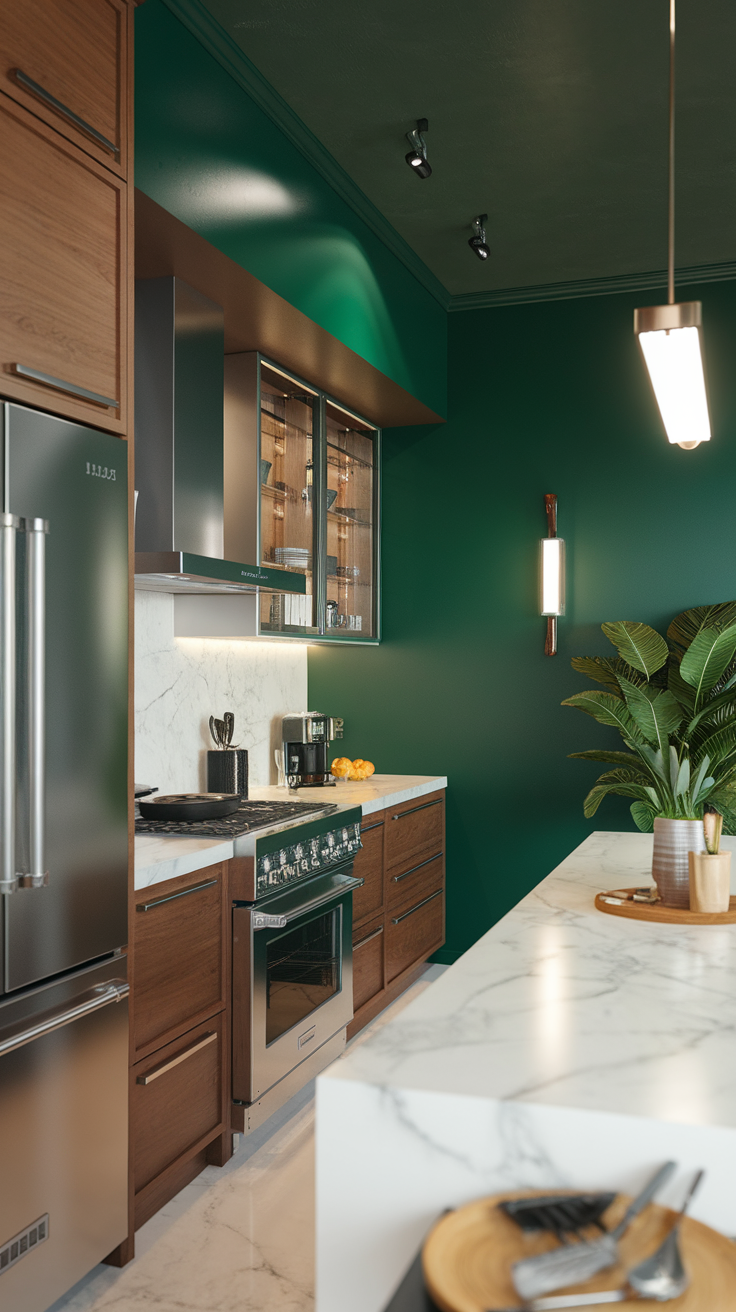 A modern kitchen featuring a bold green accent wall, wooden cabinets, and sleek appliances.