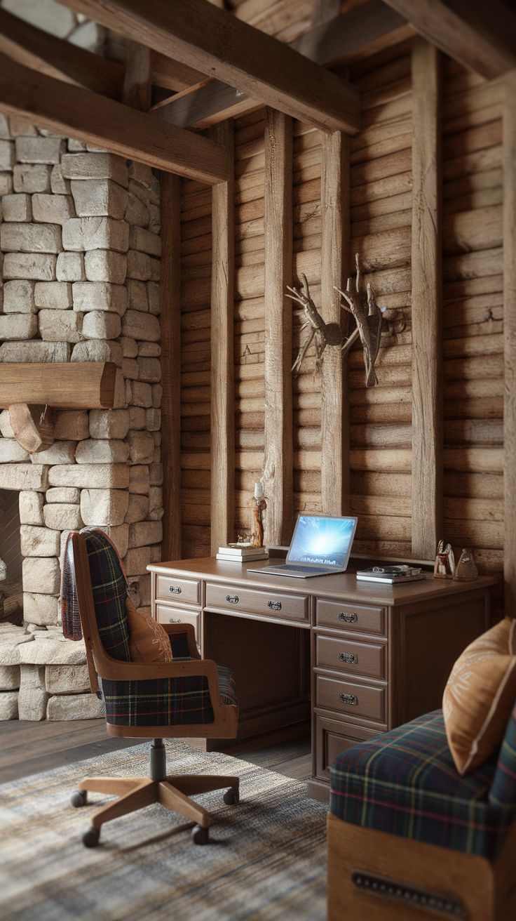A rustic cabin interior featuring a home office with a wooden desk and stone fireplace.