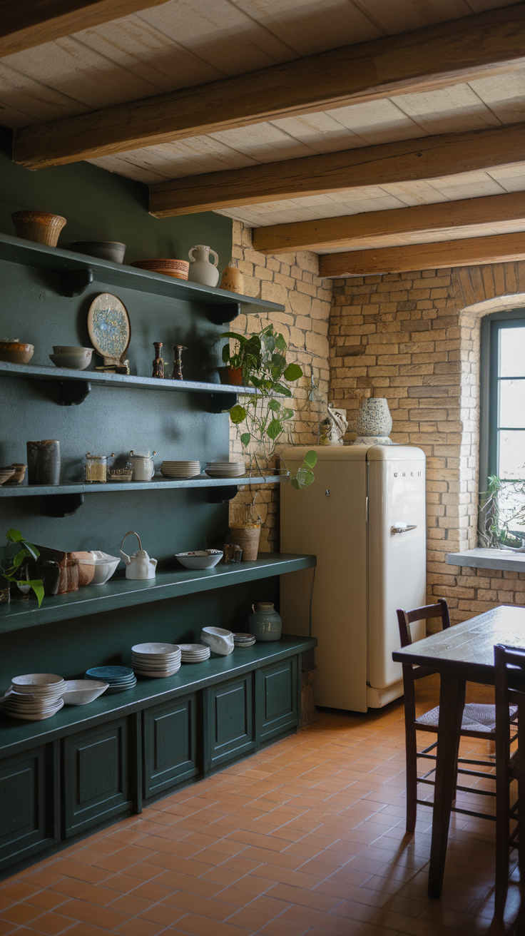 Rustic dark green open shelving in a kitchen showcasing dishes and a warm lamp.