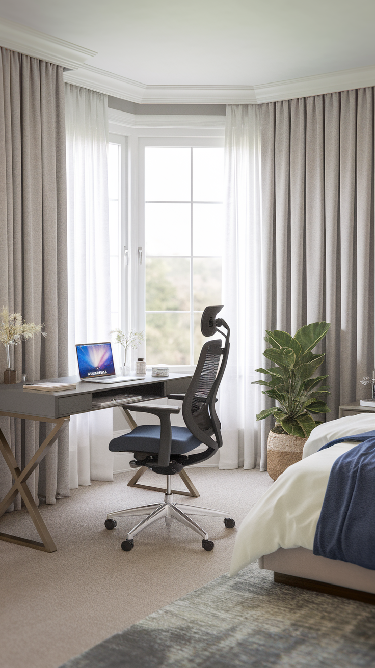 A modern master bedroom featuring a functional office setup with a desk, chair, and plant by the window.