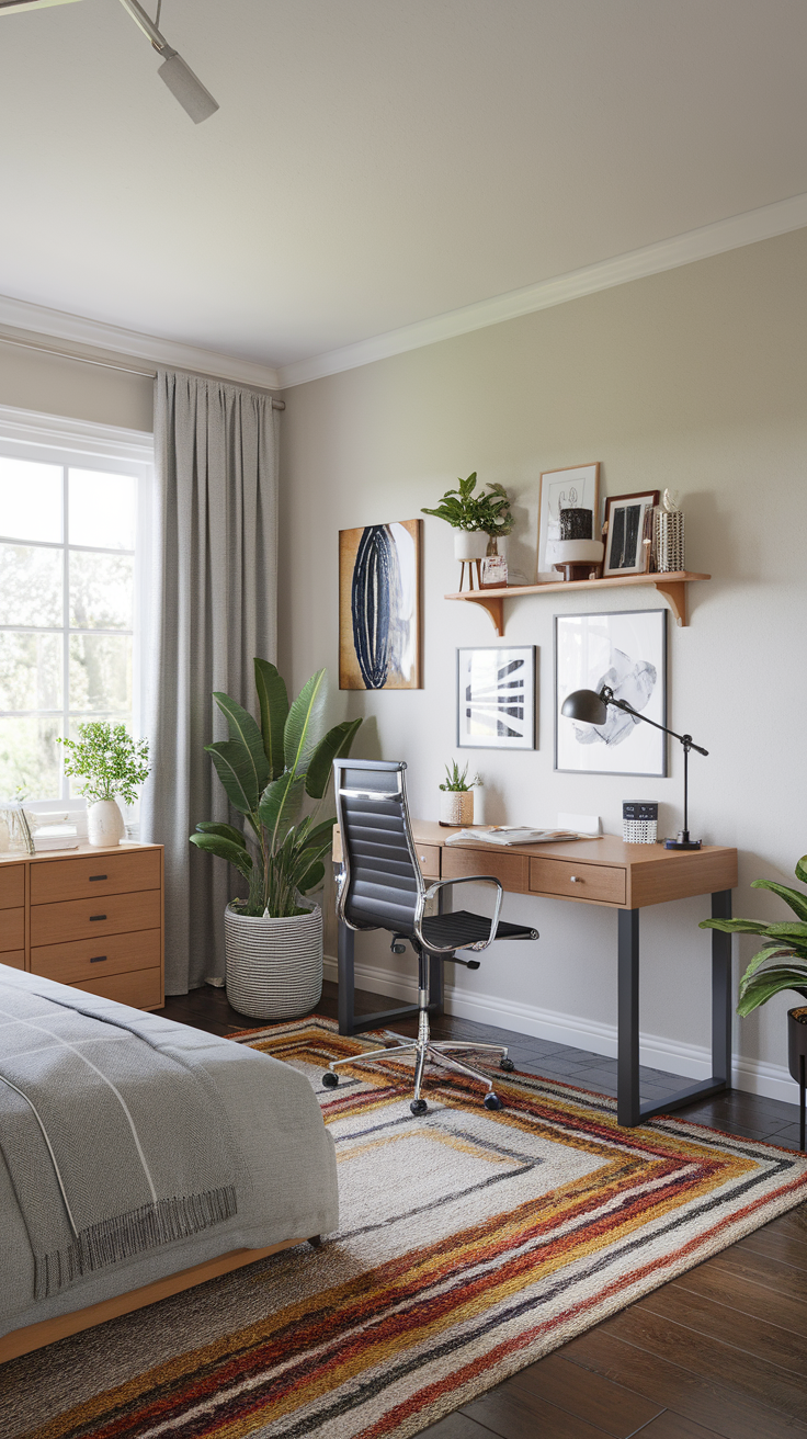 A functional master bedroom office featuring a wooden desk, ergonomic chair, plants, and artwork.