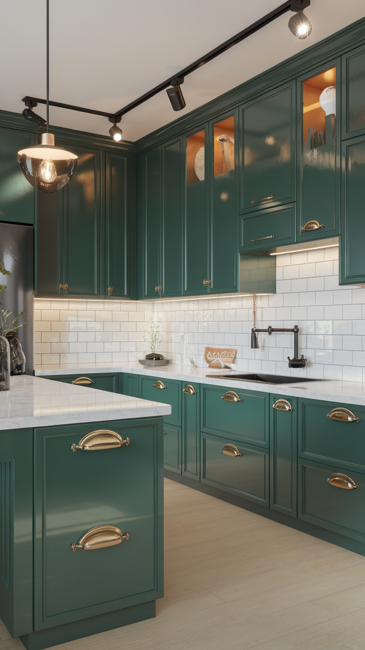 A modern kitchen featuring emerald green cabinets with brass hardware, white subway tile backsplash, and light marble countertops.