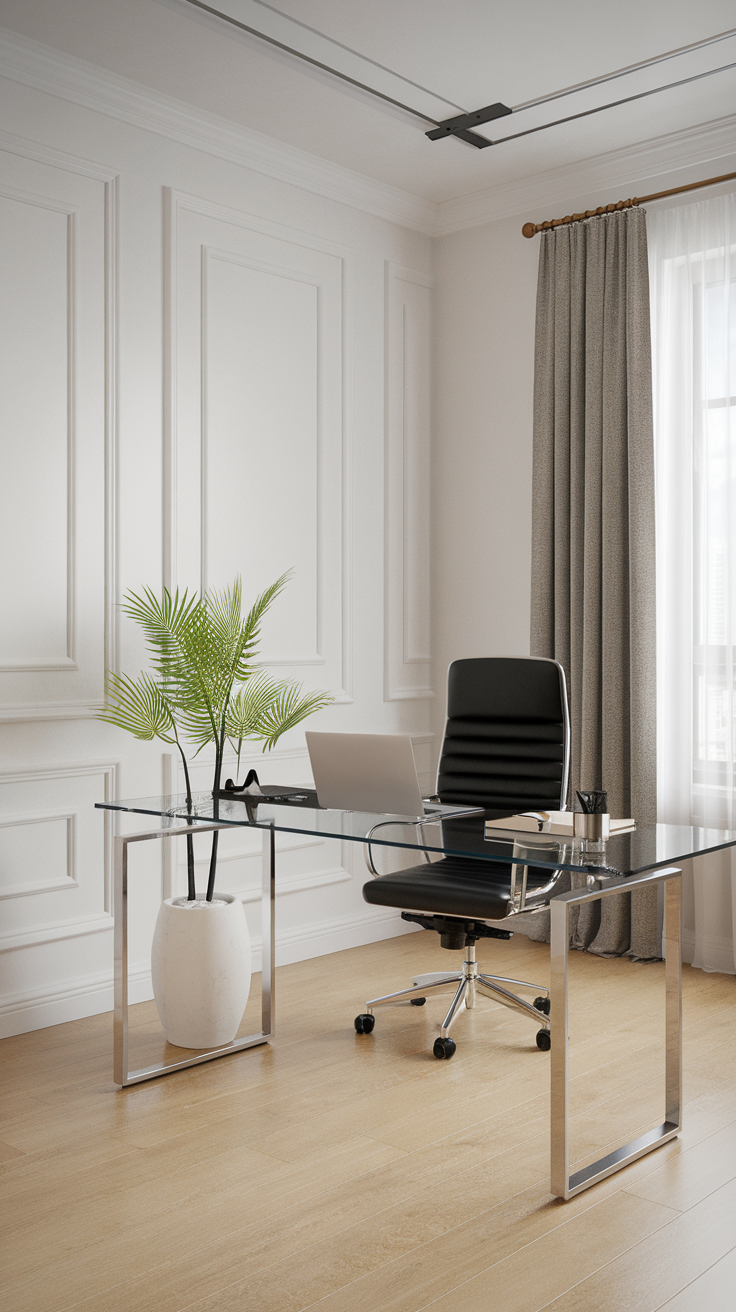 Modern minimalistic home office with a glass desk, black chair, and a green plant.