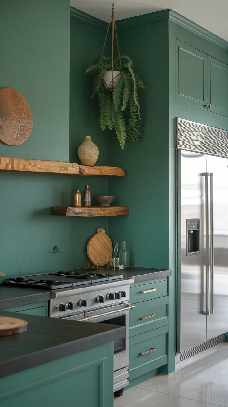 A stylish kitchen with emerald green walls, wooden cabinets, and a cozy atmosphere.