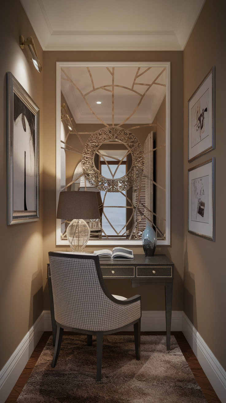 A sophisticated study nook featuring a stylish chair, a sleek desk, and a decorative mirror, all in warm tones.