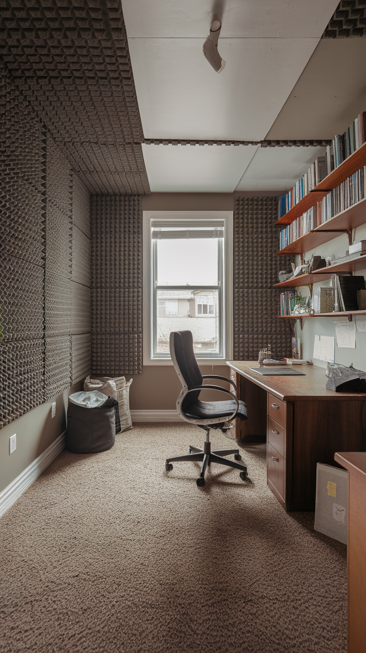 A soundproof home office showing textured wall panels, a desk, and a comfortable chair.