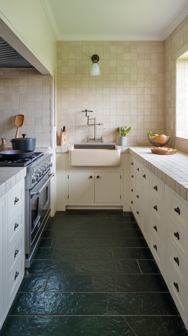 A kitchen featuring a textured dark green tile floor with white cabinetry and a farmhouse sink.