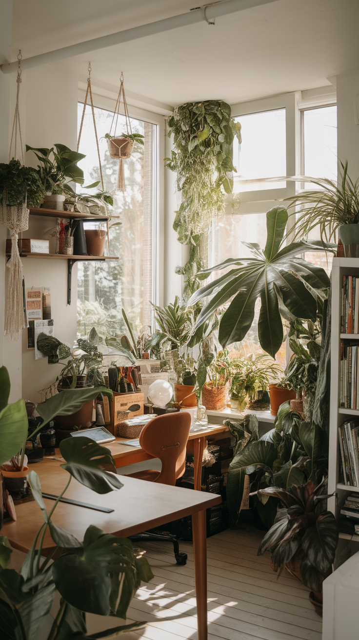 A home office with a wooden desk and various indoor plants, showcasing a blend of nature and workspace.