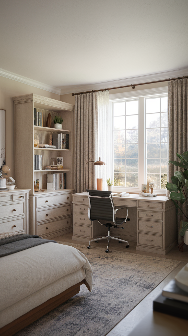 A cozy master bedroom office setup with a desk, bookshelves, and a comfortable bed.