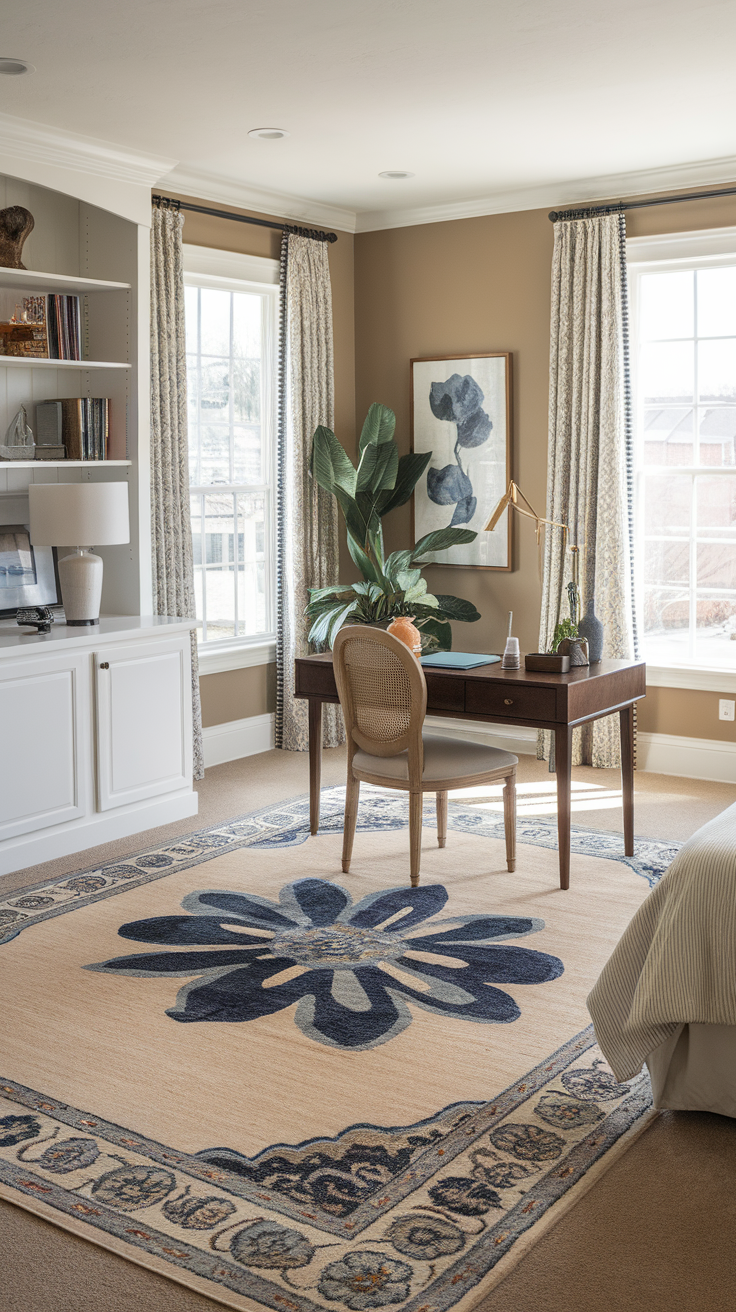 A master bedroom with an office setup featuring a soft area rug, a desk, and a cozy chair.