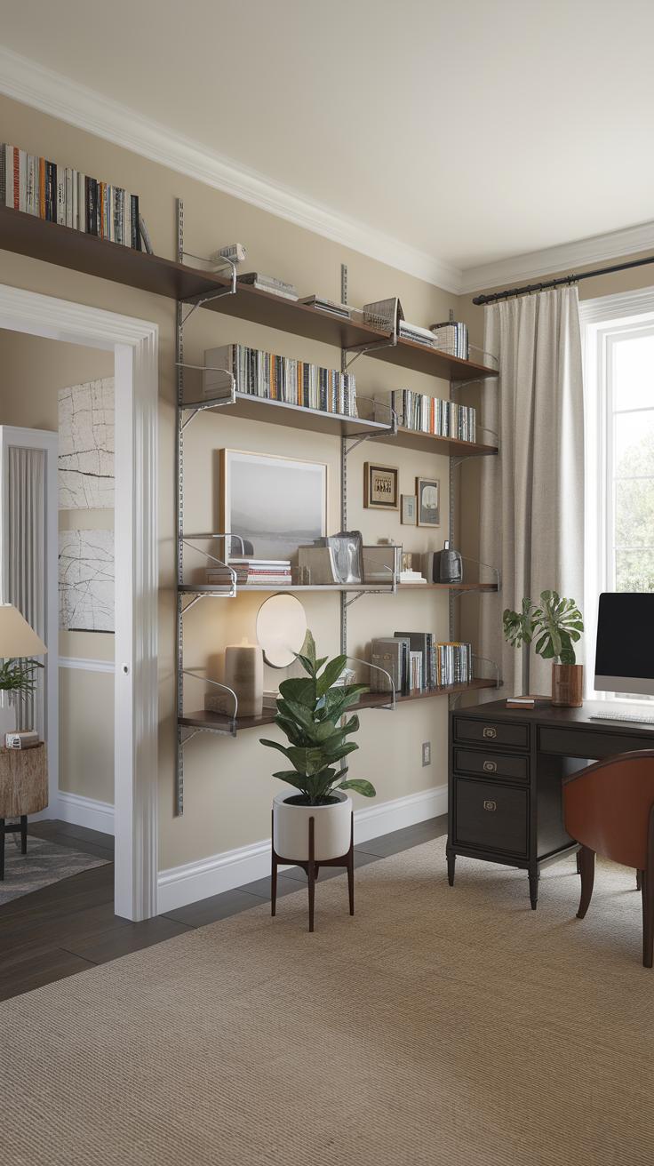 A well-organized master bedroom office with high shelves for storage, a desk, and a plant.