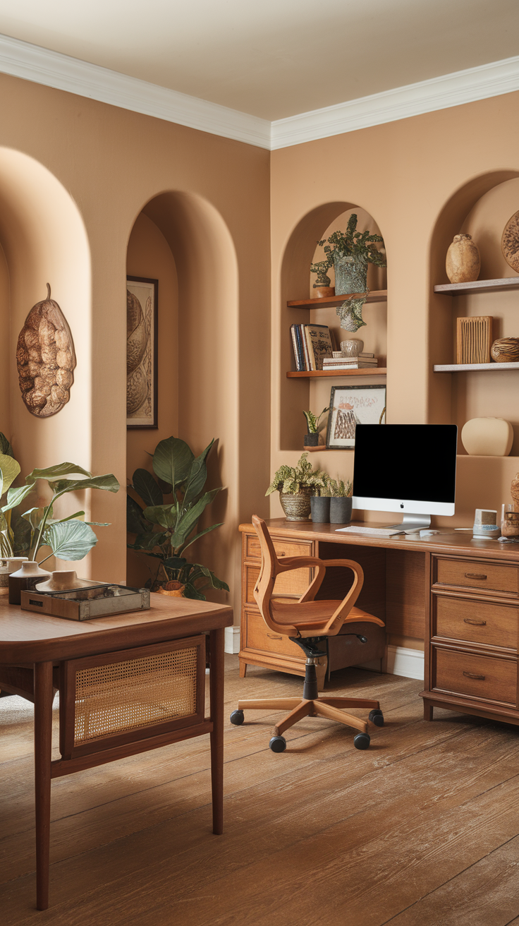 Cozy home office with warm earth tones, wooden furniture, and plants