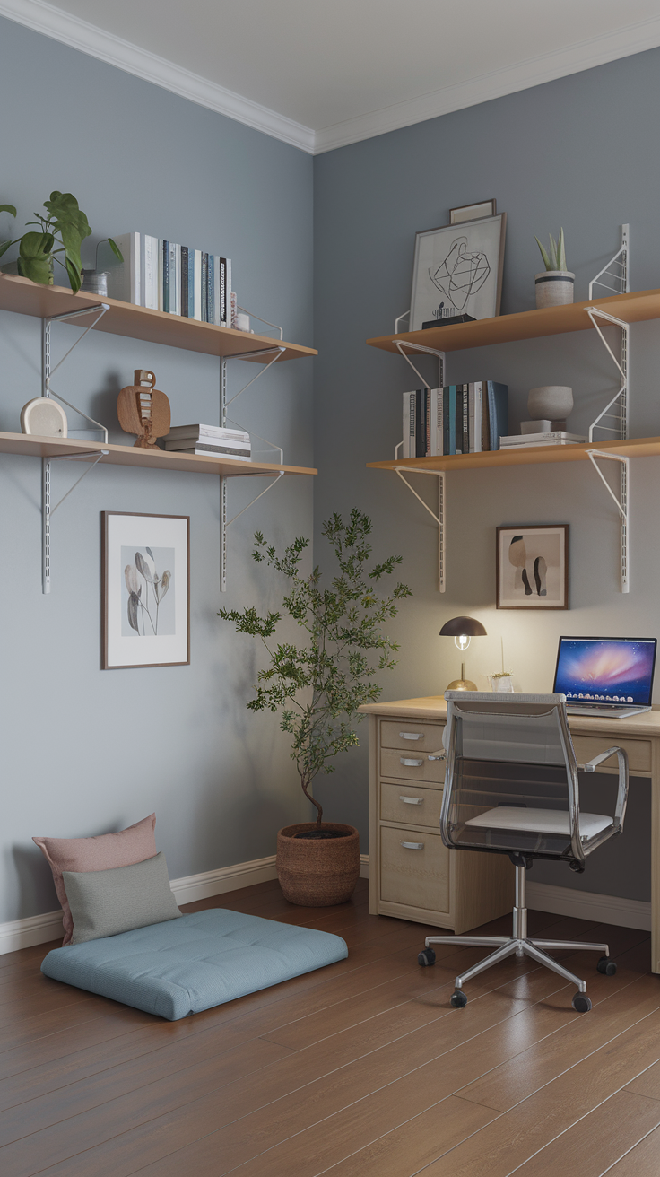 A serene home office with a desk, comfortable seating, and plants, creating a calming meditation space.