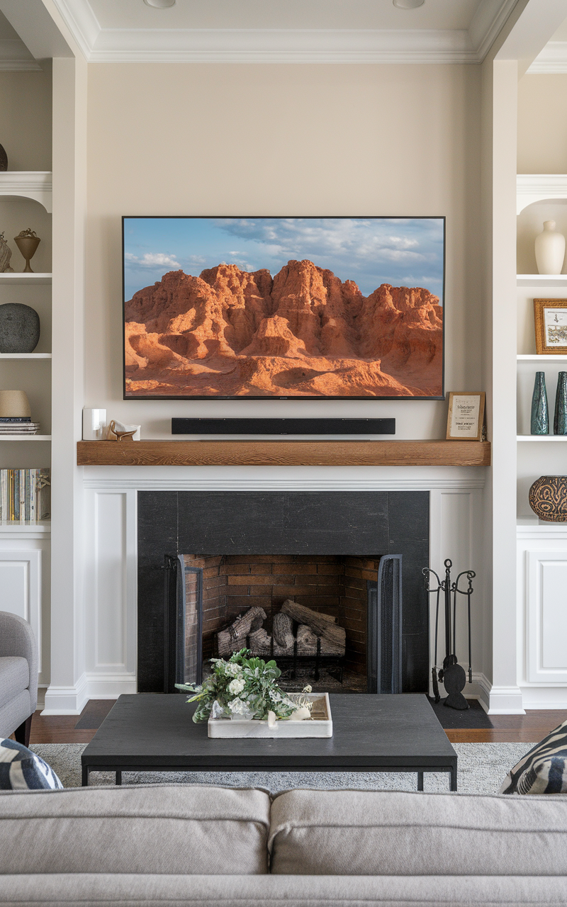 Image showing ideal heights for a TV above a fireplace in a living room, with measurements indicated.