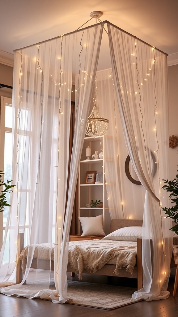 A cozy bedroom with a chic canopy setup, featuring soft curtains and fairy lights.