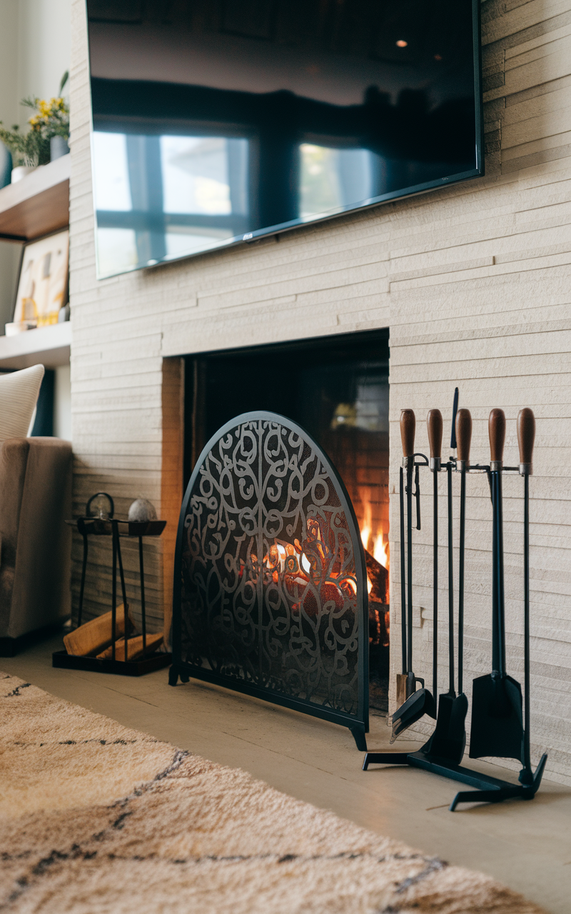 A modern living room fireplace setup featuring a TV above it, with a fire extinguisher and fireplace tools arranged neatly.