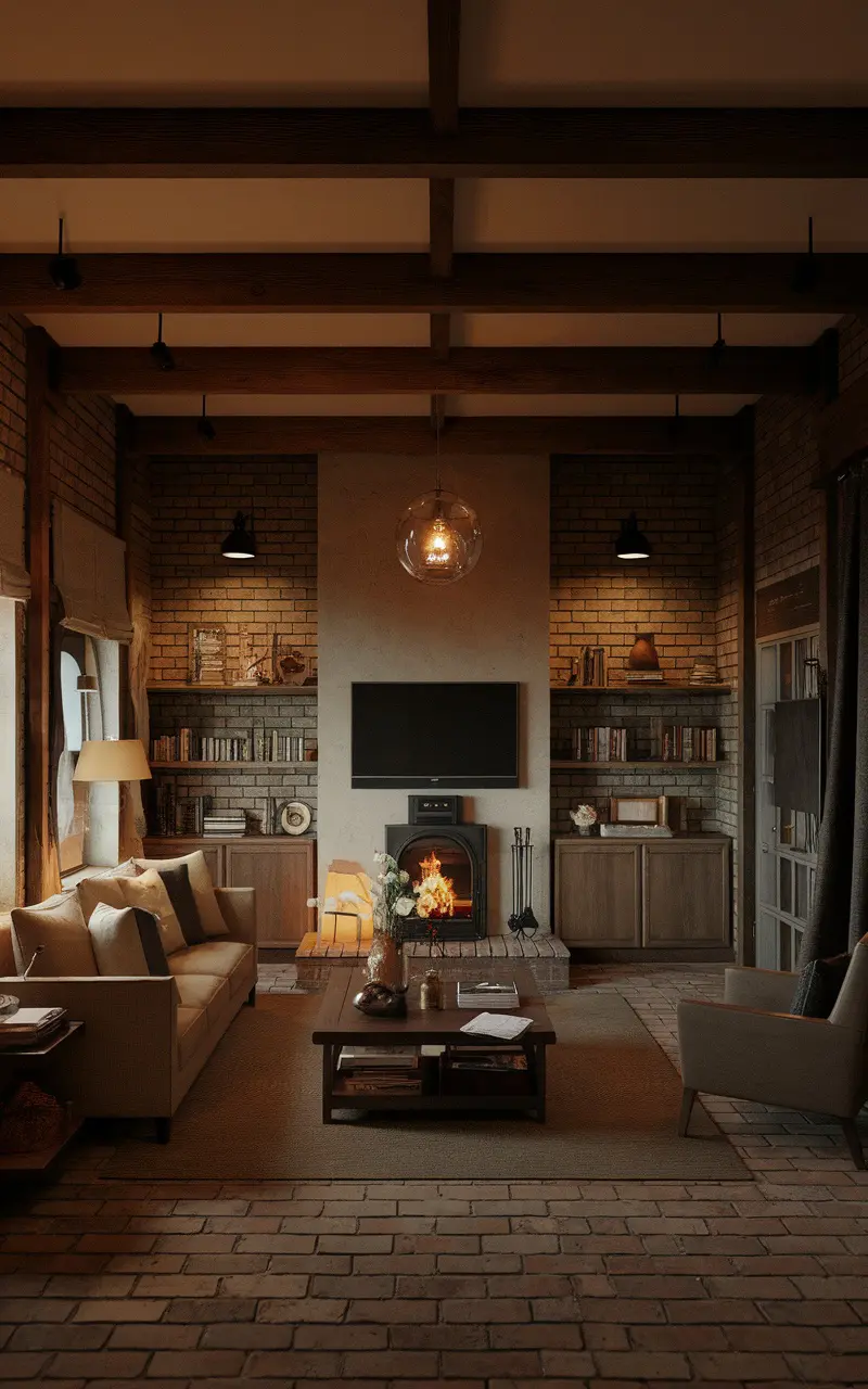 Cozy living room with a fireplace and TV above it, featuring warm lighting and inviting decor.