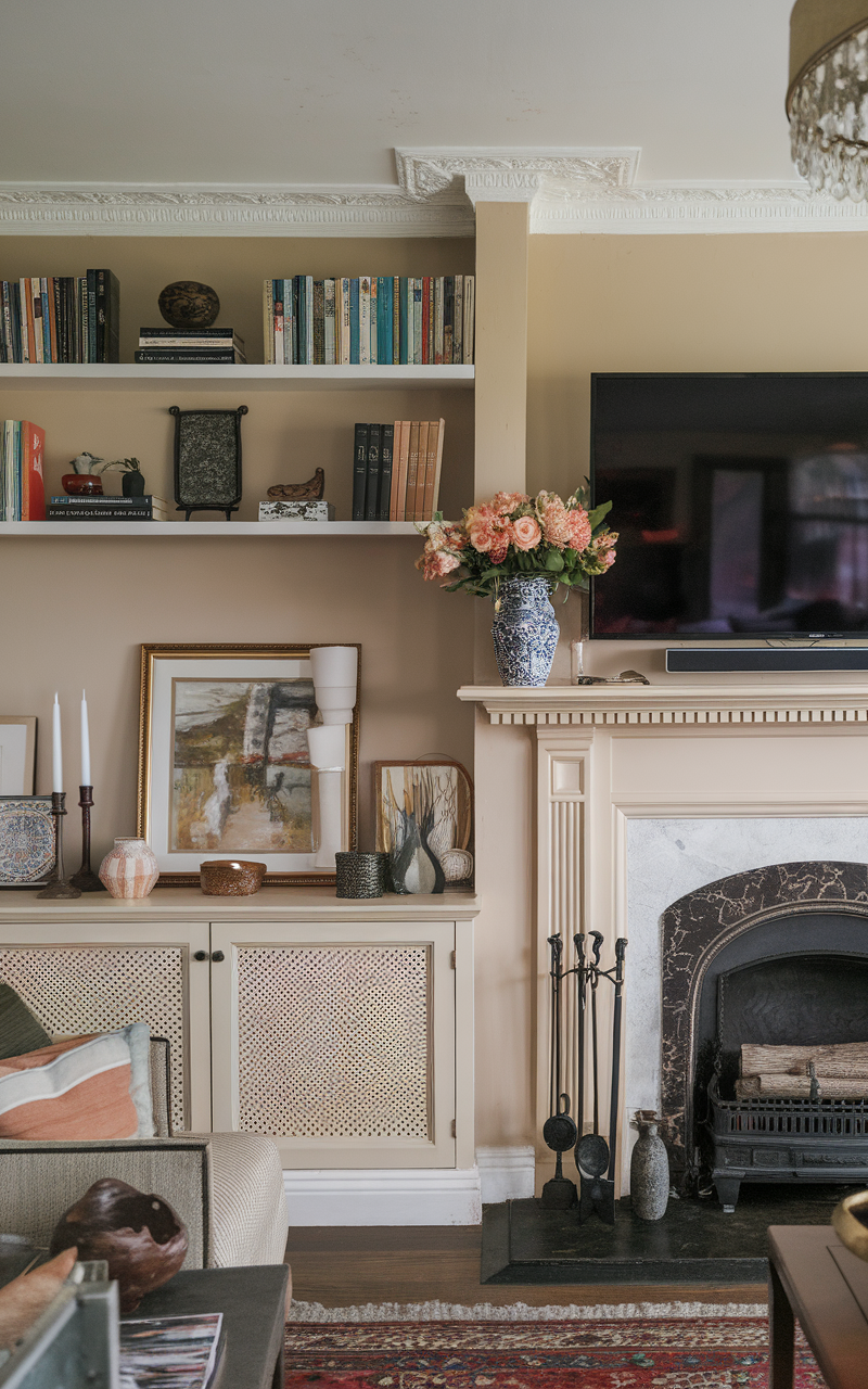 A modern living room fireplace mantel with decorative items, showcasing a lamp, a sculpture, and an abstract painting.