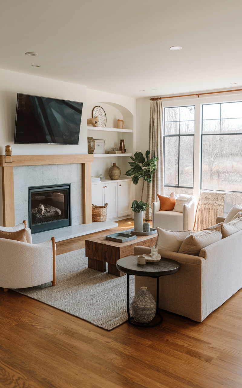 A stylish living room with a fireplace and TV above it, featuring cozy seating and large windows.