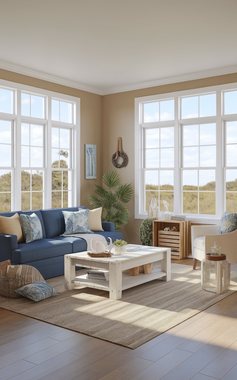 A cozy living room with a blue couch, natural light, and coastal decor.