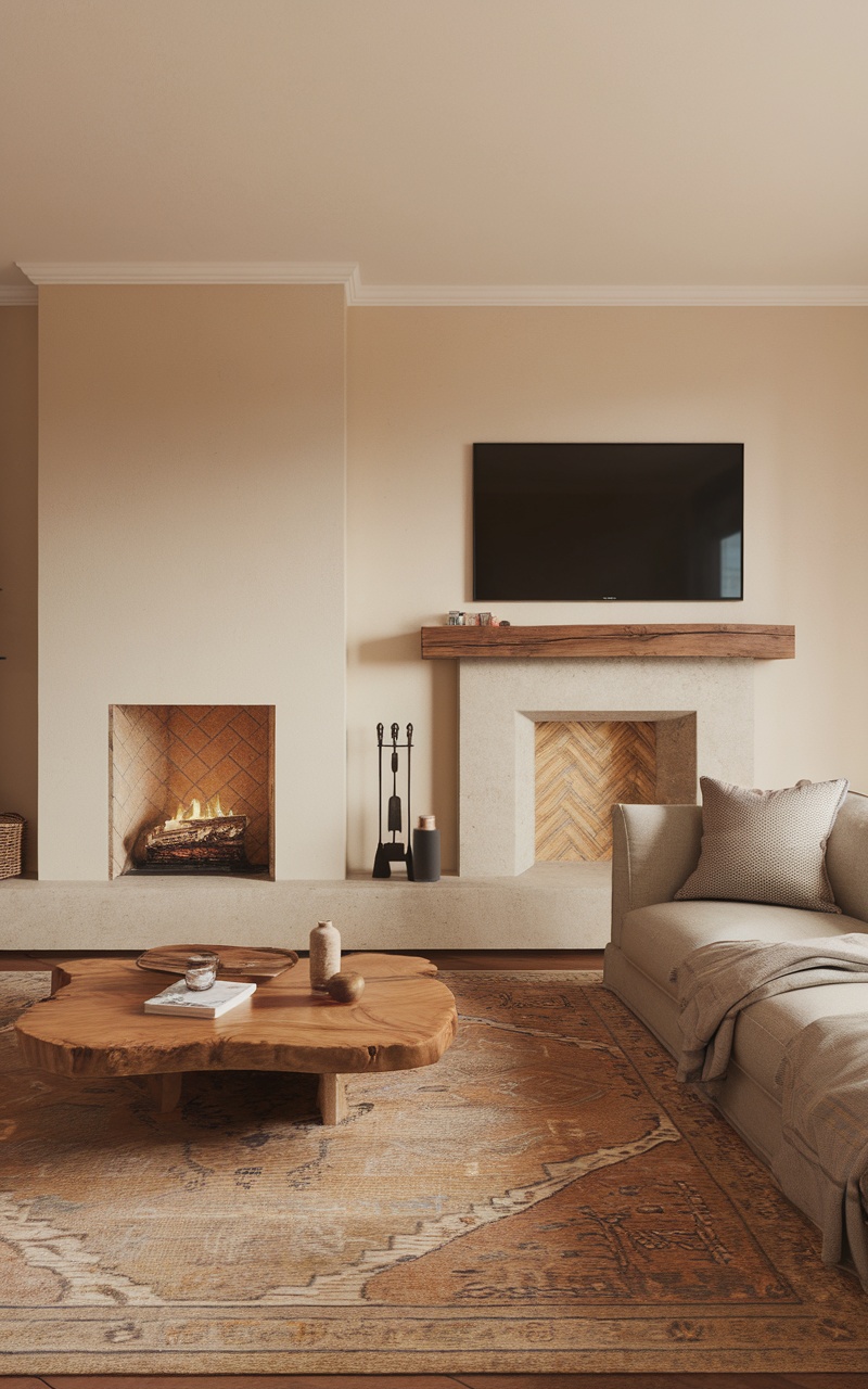 A cozy living room featuring a fireplace with a TV above, a round coffee table, and a comfortable sofa.