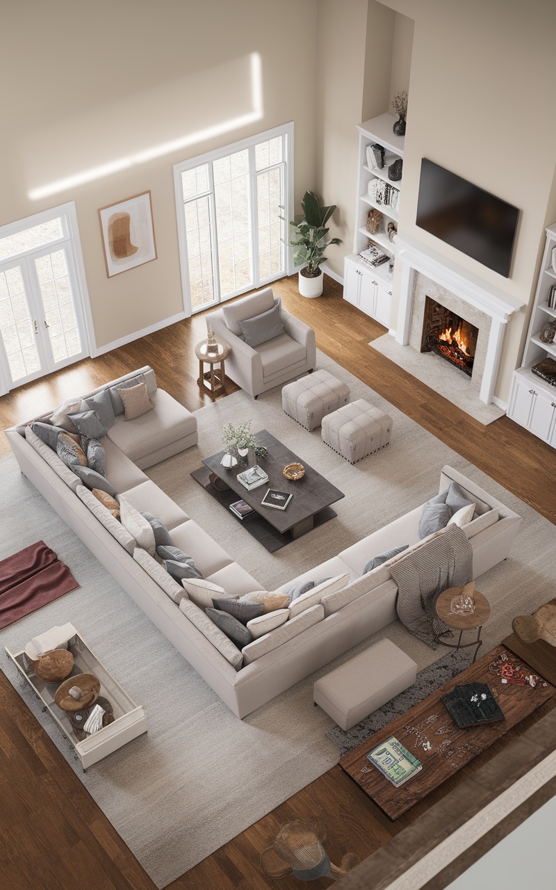 Cozy living room with a fireplace and TV above, featuring a sectional couch and accent chairs.