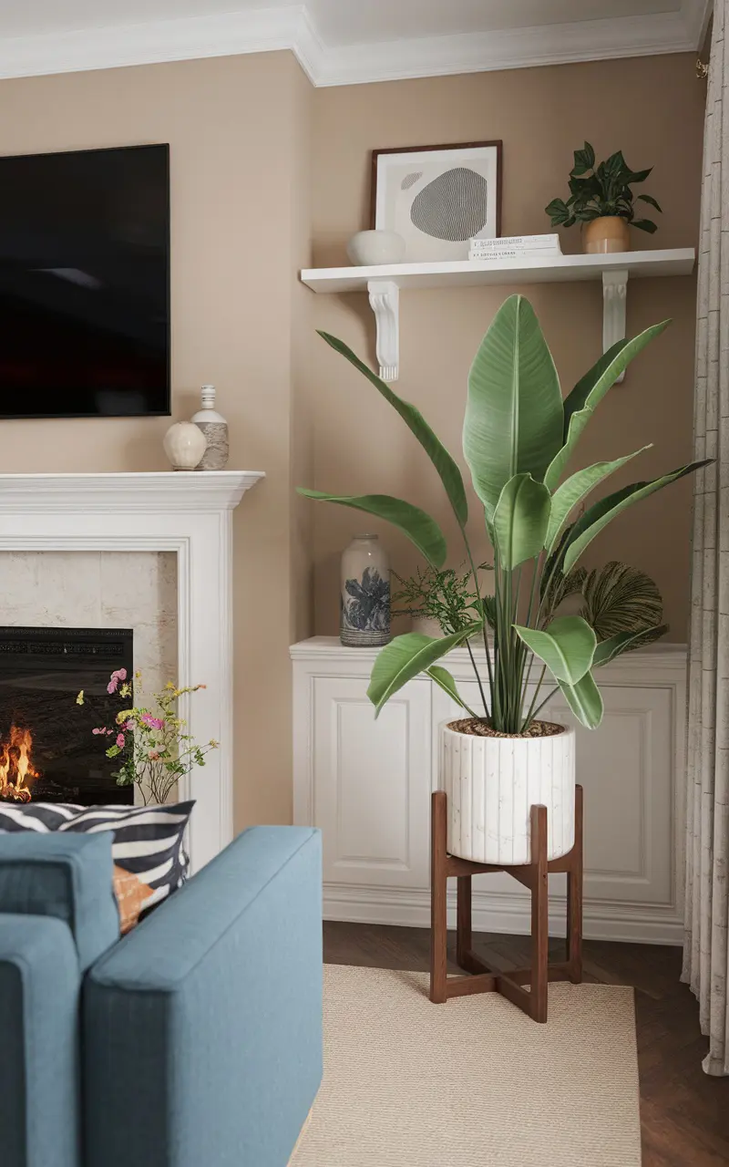 A living room featuring a fireplace and a TV above it, with plants and decorative items.