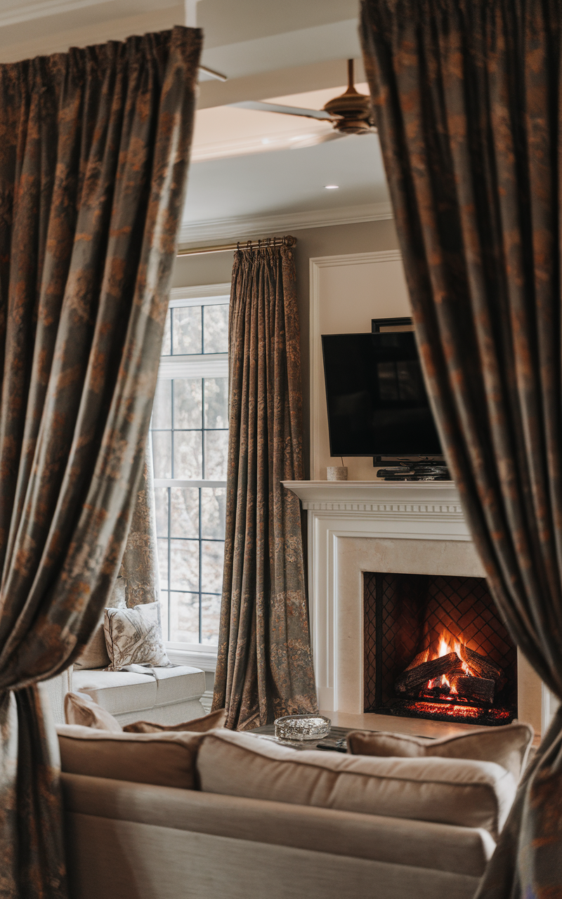 Layered curtains in a living room with a fireplace and TV above, featuring elegant designs.