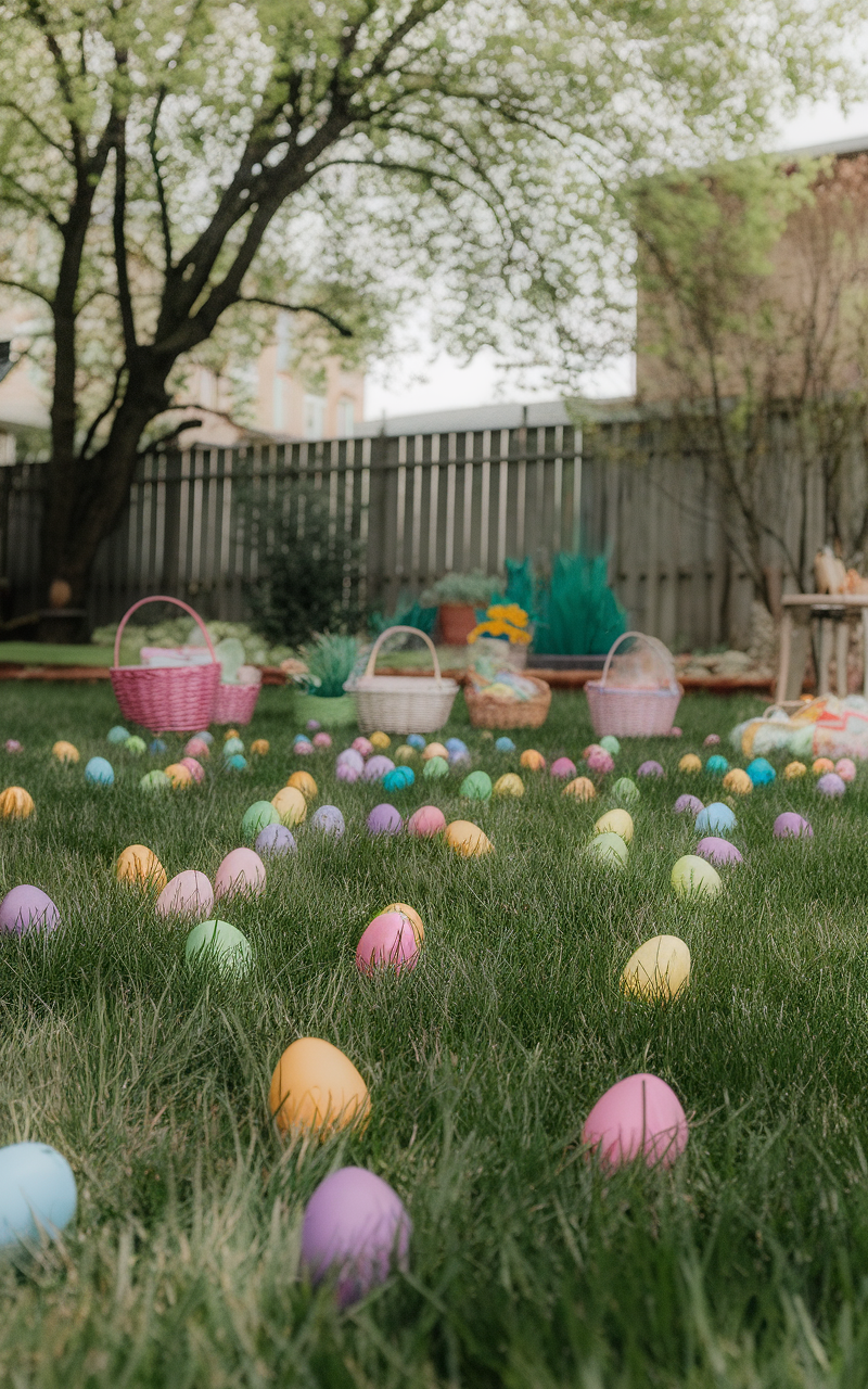 Colorful Easter eggs scattered across a green lawn, perfect for an Easter egg hunt.