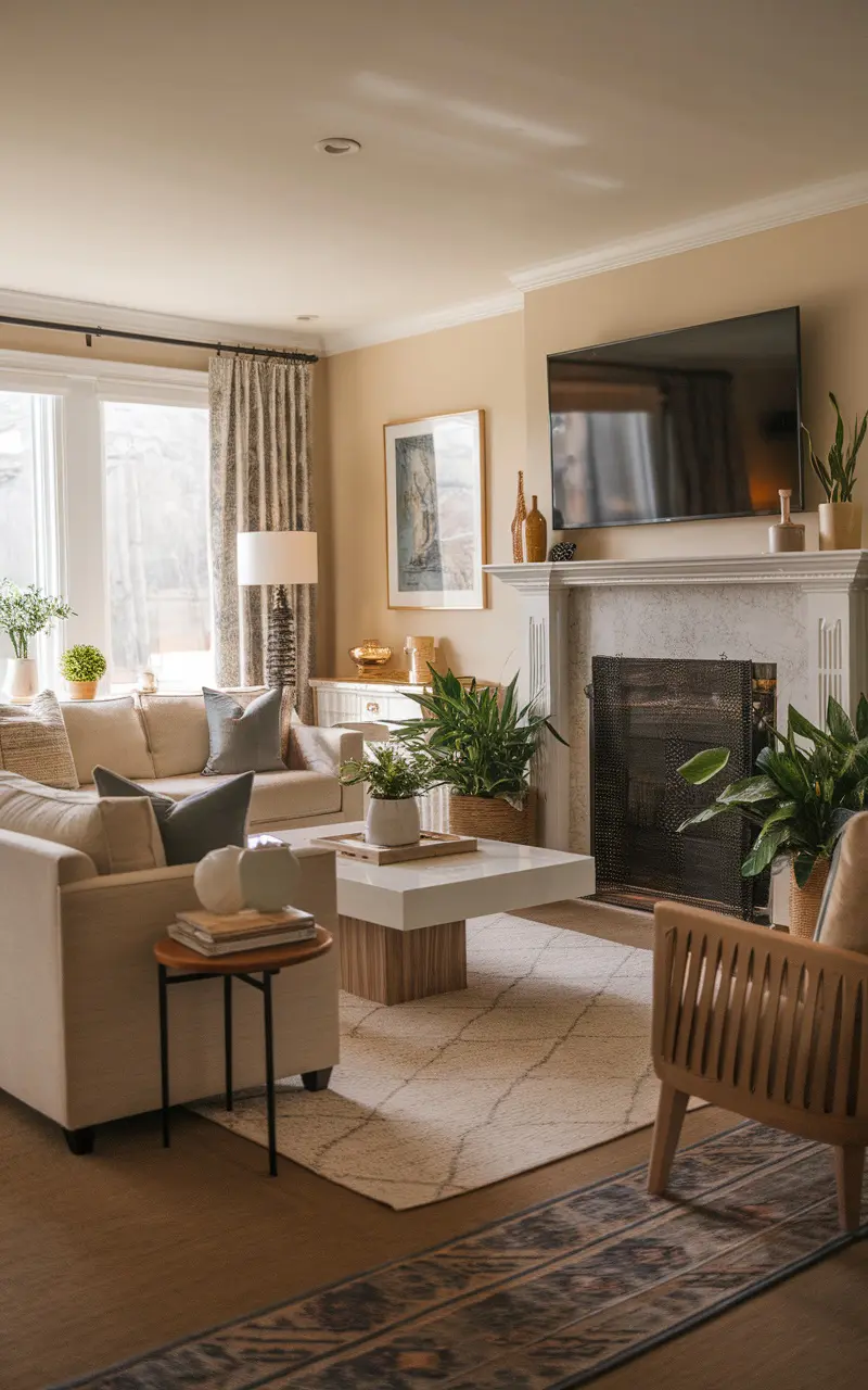 A cozy living room featuring a fireplace with a TV above it, showcasing a symmetrical design with balanced furniture and decor.
