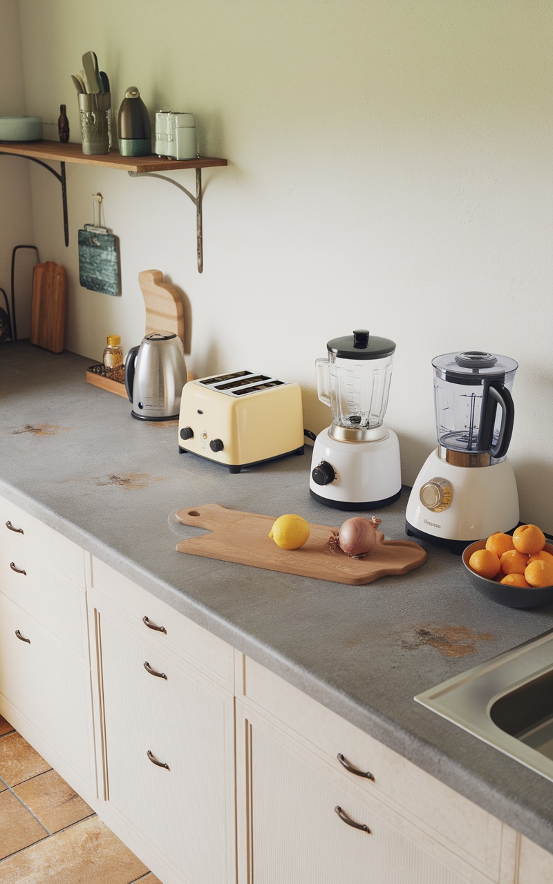Clean and organized Scandi style kitchen counter with kitchen appliances and fresh fruits.