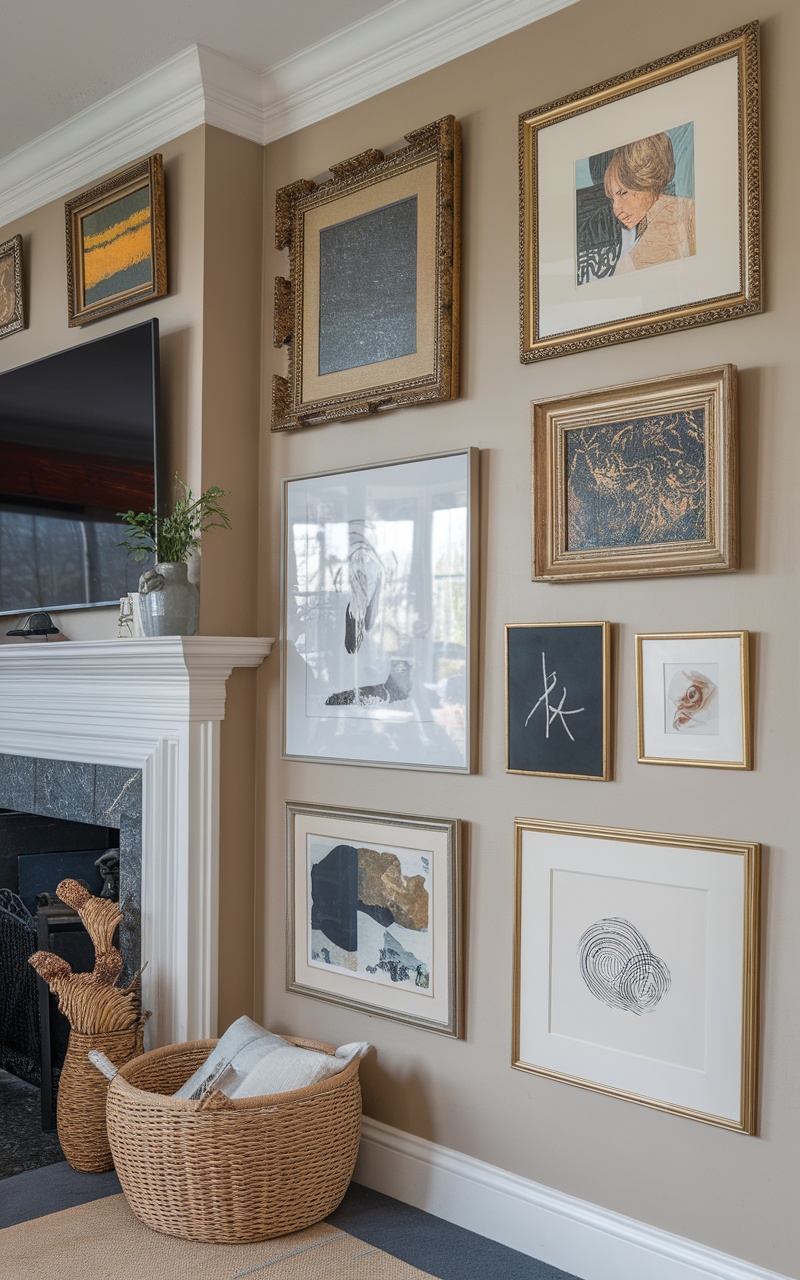 A stylish living room featuring a TV above a fireplace with a variety of framed art pieces on the wall.