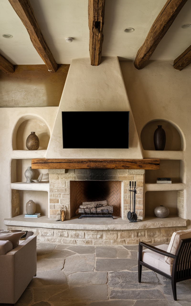 A cozy living room featuring a stone fireplace, stained glass window, and shelves with decorative items.