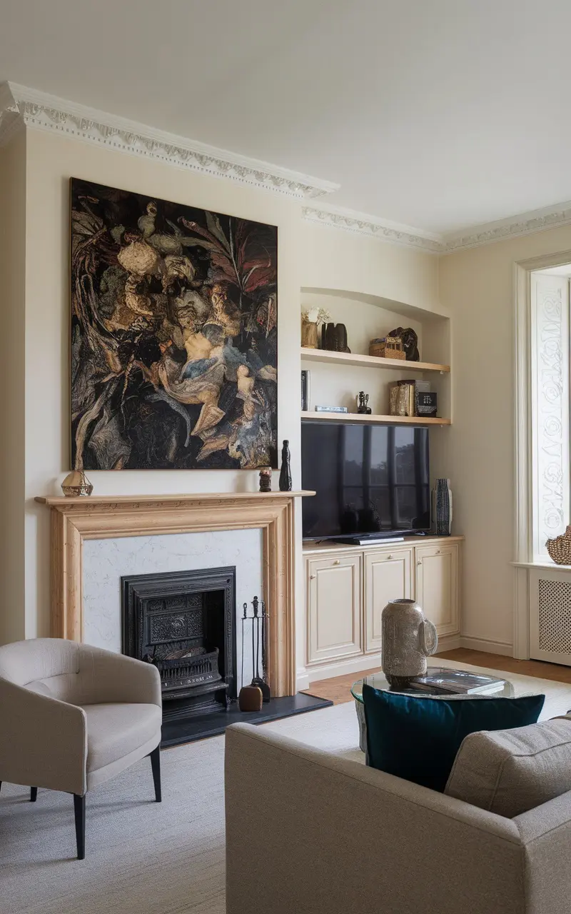 A living room featuring a TV above a fireplace, with art displayed above the mantel.