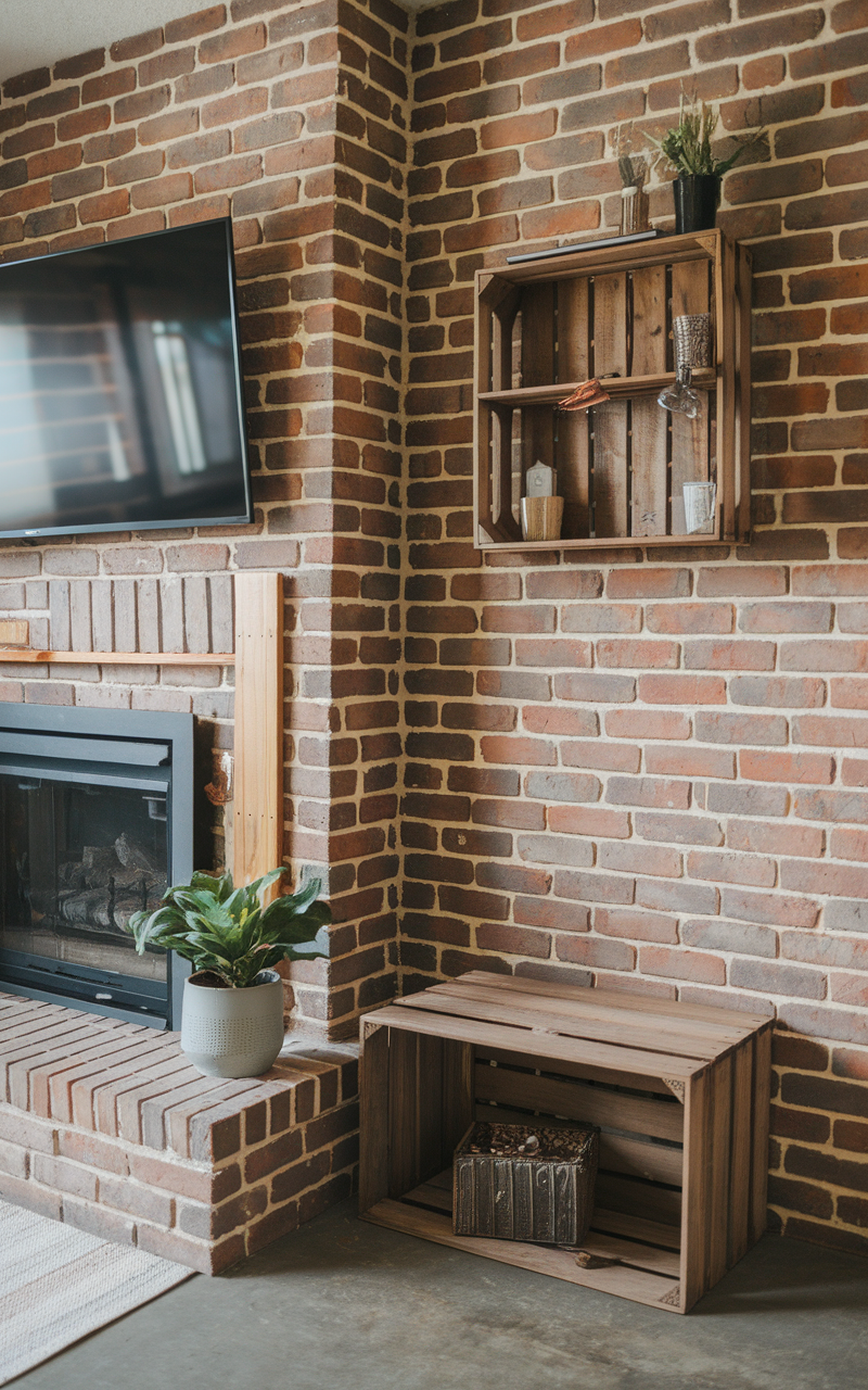 Cozy living room with fireplace and TV above, featuring a DIY shelving unit and plants.