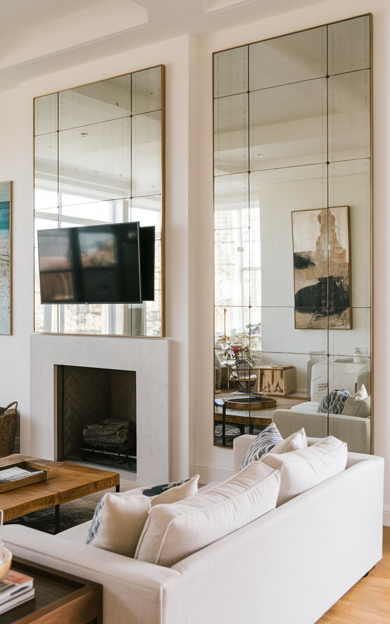 Stylish living room with a fireplace, TV above, and a large decorative mirror reflecting light.