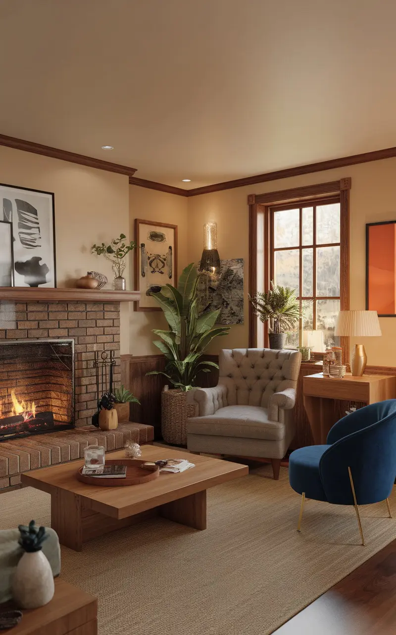 Cozy living room with a fireplace, TV above, and natural decor elements