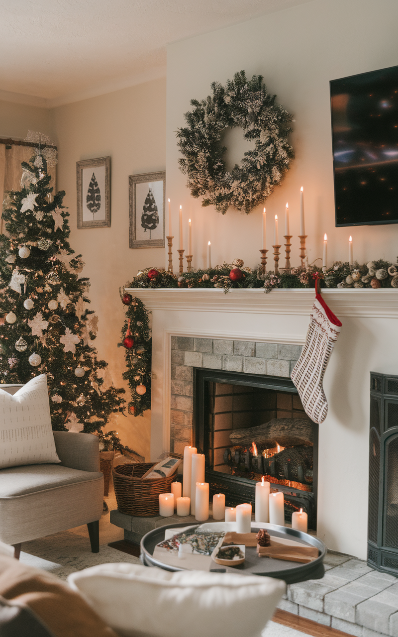 A cozy living room with a fireplace, decorated for autumn with pumpkins and a Christmas tree.