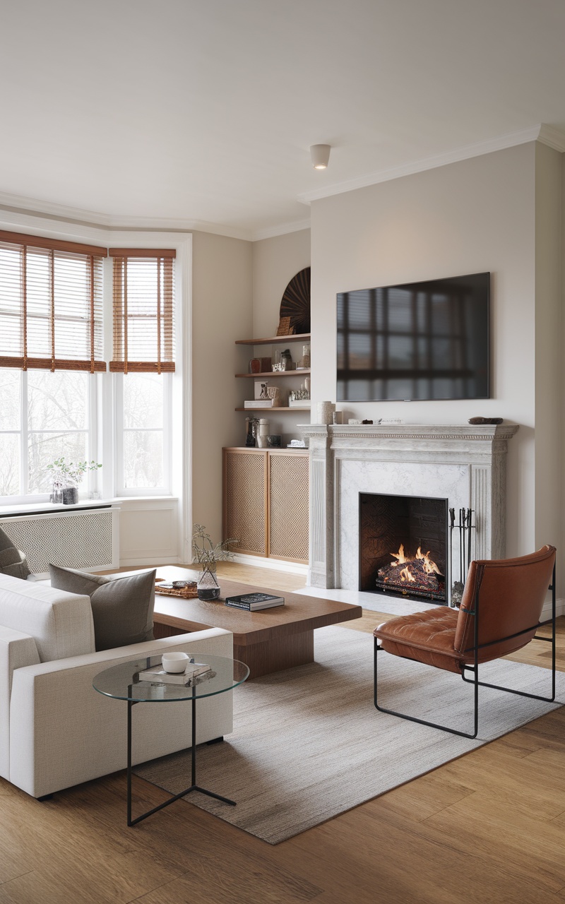 A cozy living room featuring a fireplace with a TV mounted above it, showcasing modern decor and warm tones.